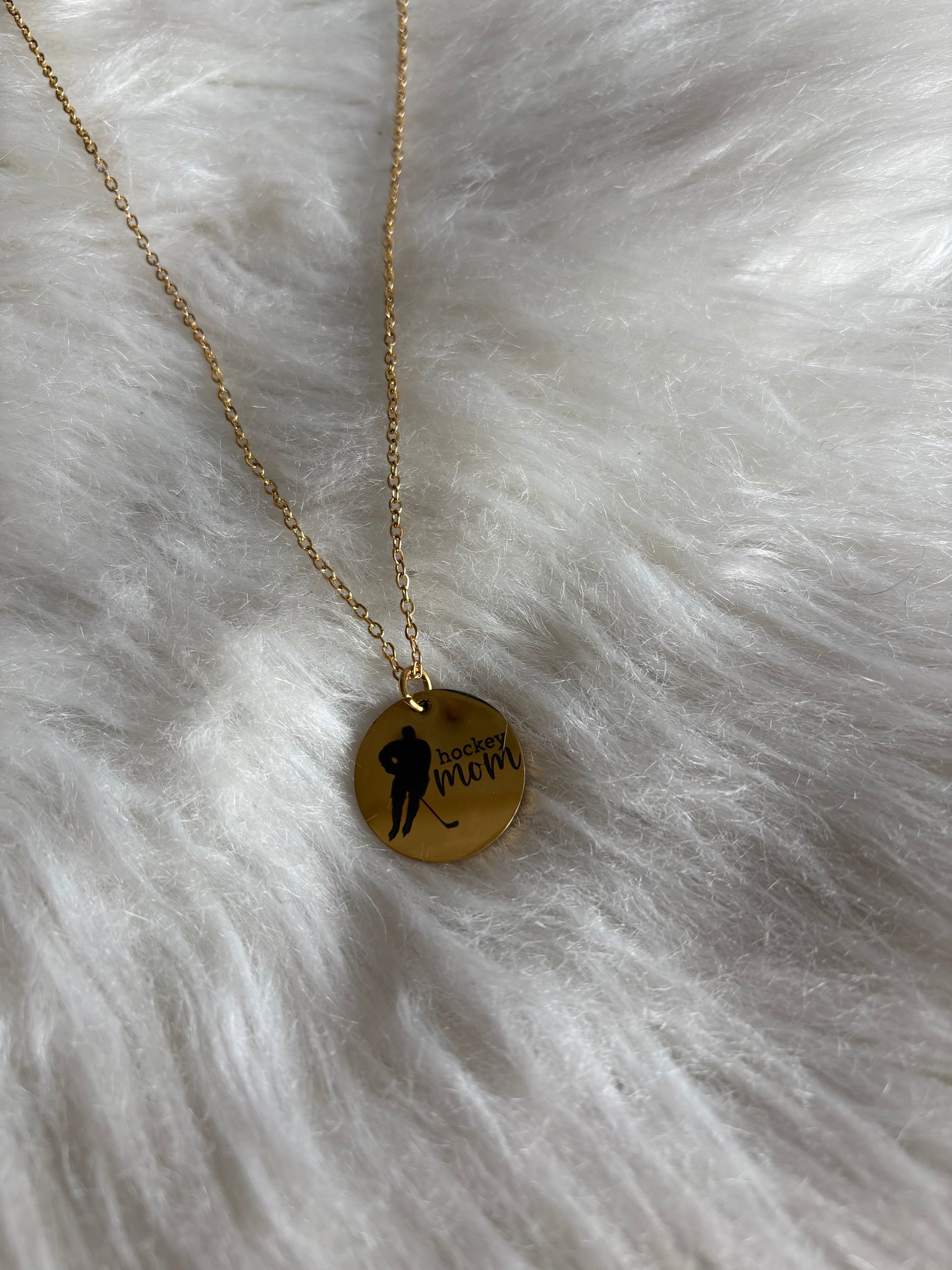 Hockey Mom Laser Engraved Stainless Steel Round Necklace